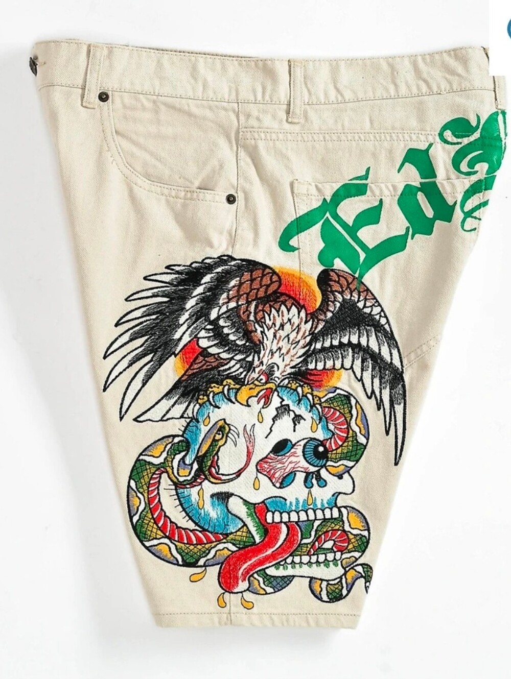 NWT Ed Hardy Battle Skull Skater Denim Loose Fit Mens Casual Shorts - Khaki